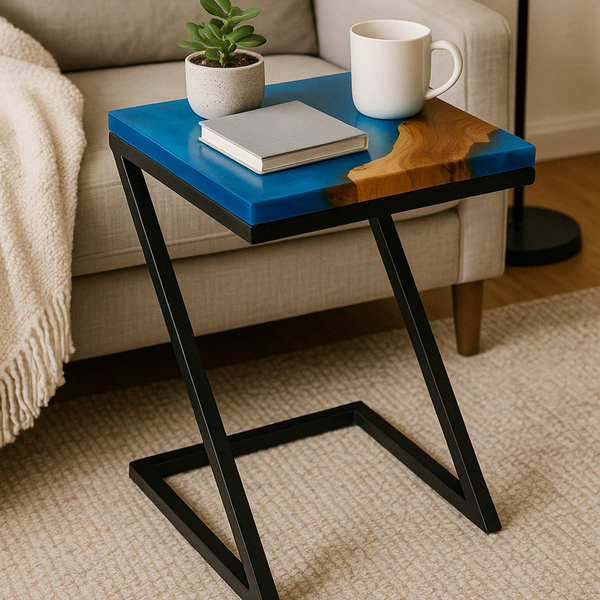 Teak Wood Epoxy End Table – Aqua Blue Resin Finish