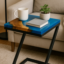 Teak Wood Epoxy End Table – Aqua Blue Resin Finish