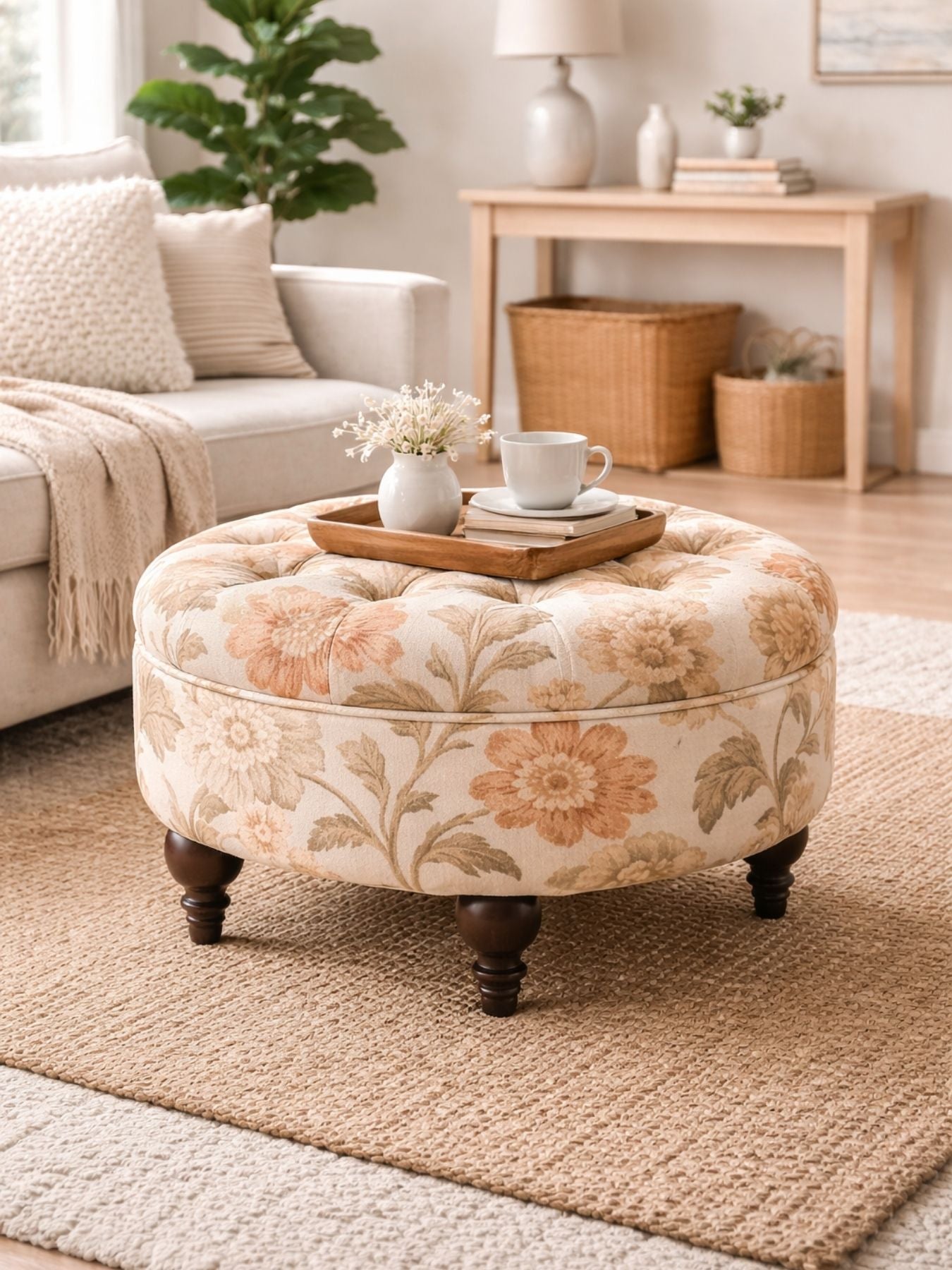 Floral Velvet Round Ottoman Stool with Sagwan Wood Legs
