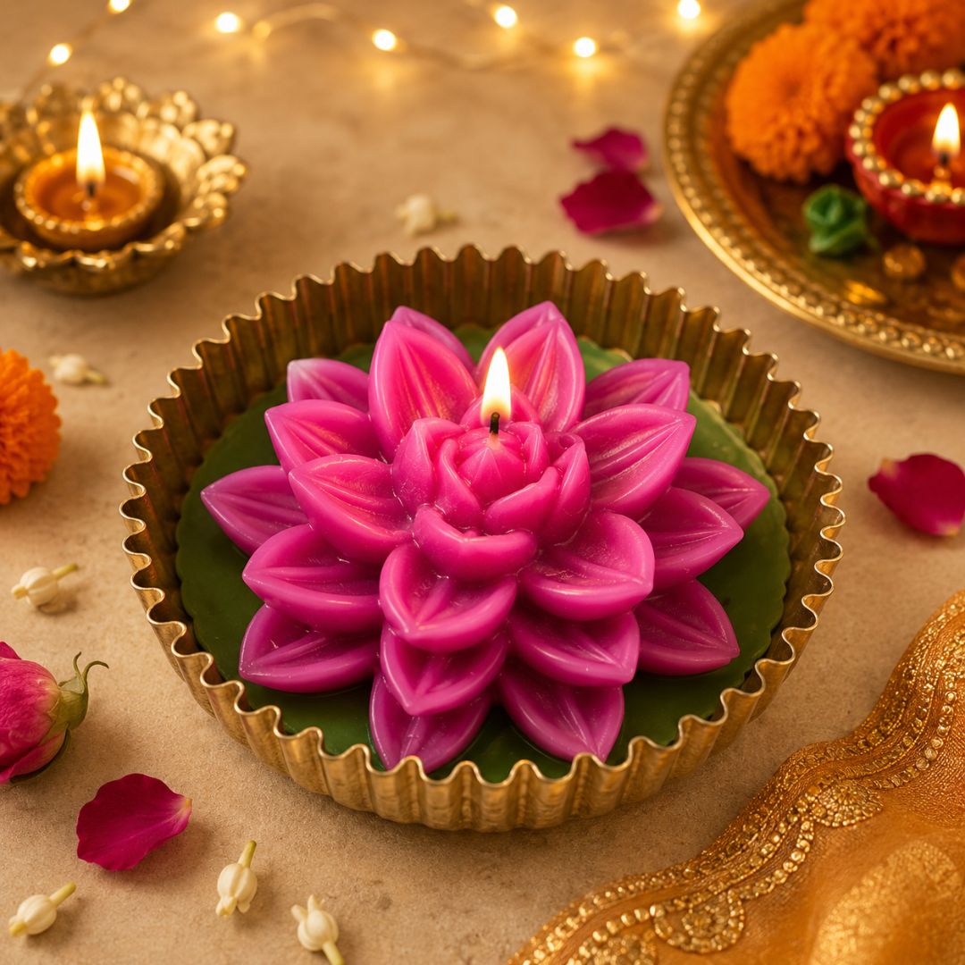 Mehfil Bloom Green & Pink Urli Flower Candle – Festive Diwali Décor - https://artecasa.in/