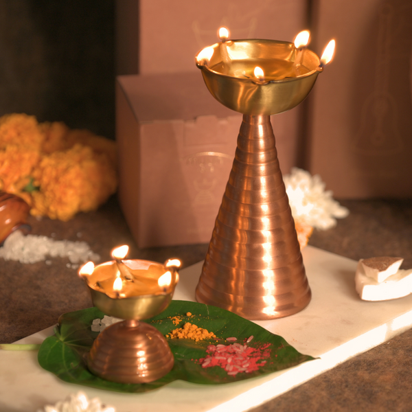 Brass Copper Diya Pair Gift Set - Tall & Short Diyas