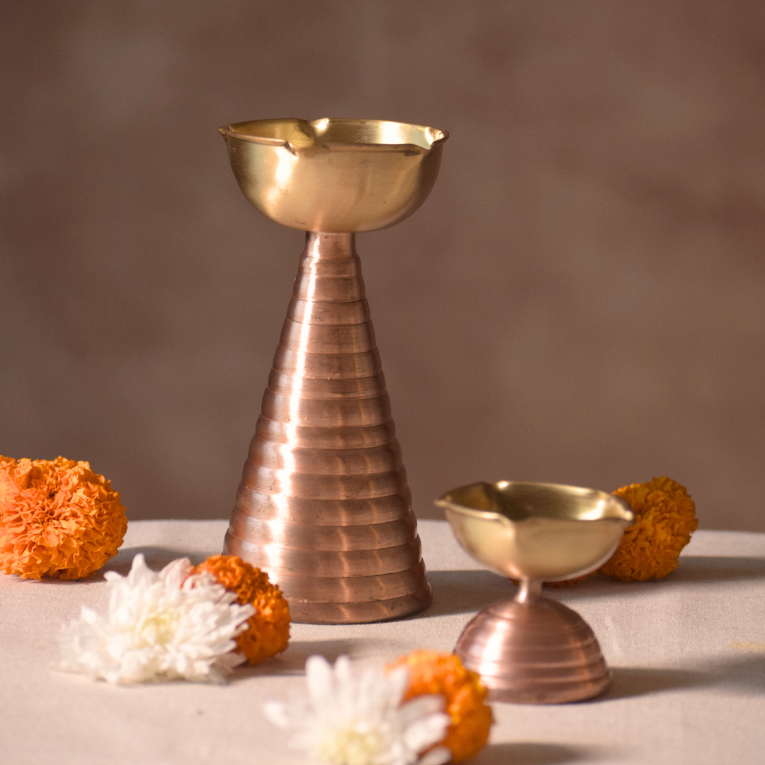 Brass Copper Diya Pair Gift Set - Tall & Short Diyas