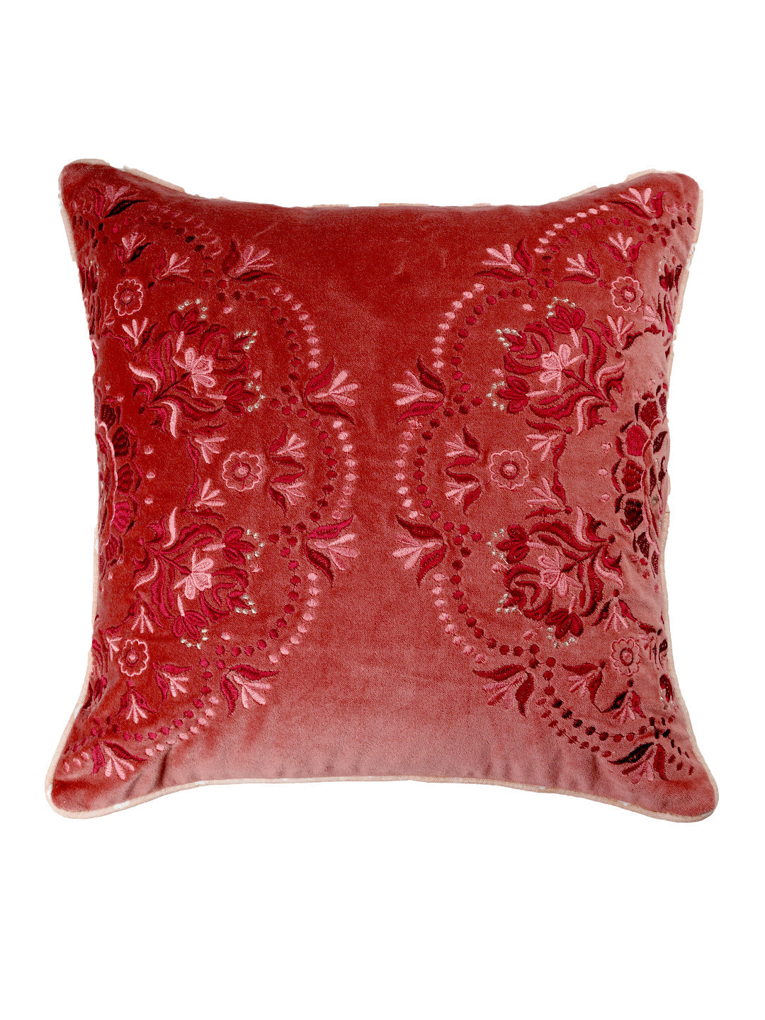Rahat Red Velvet Embroidered Cushion Cover-16"x16"