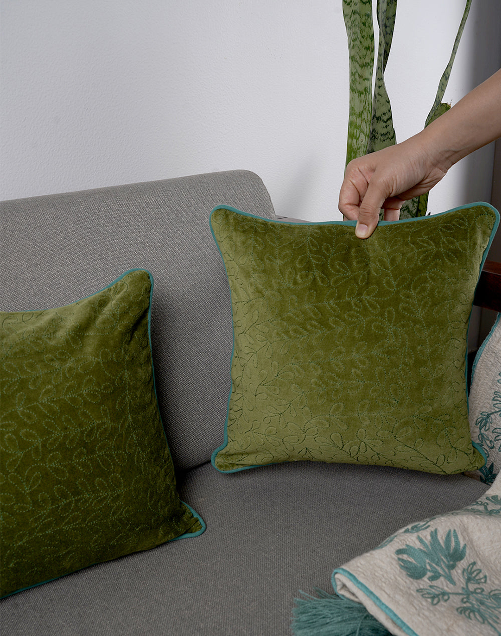 Set Of 2 - Green Embroidery Cushion Cover - 12"X12"