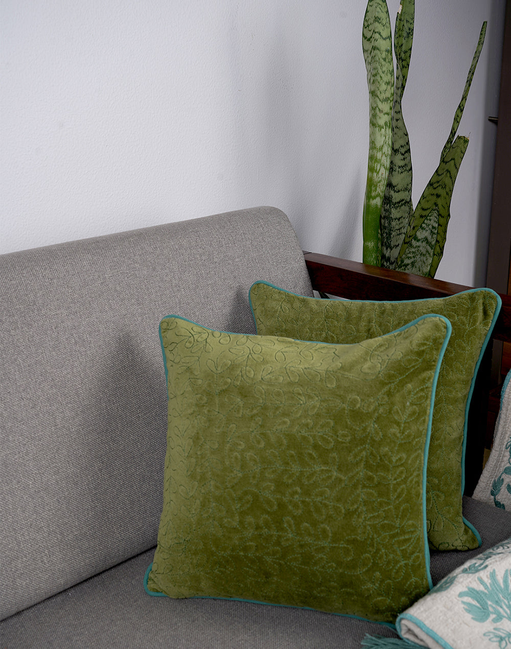 Set Of 2 - Green Embroidery Cushion Cover - 12"X12"