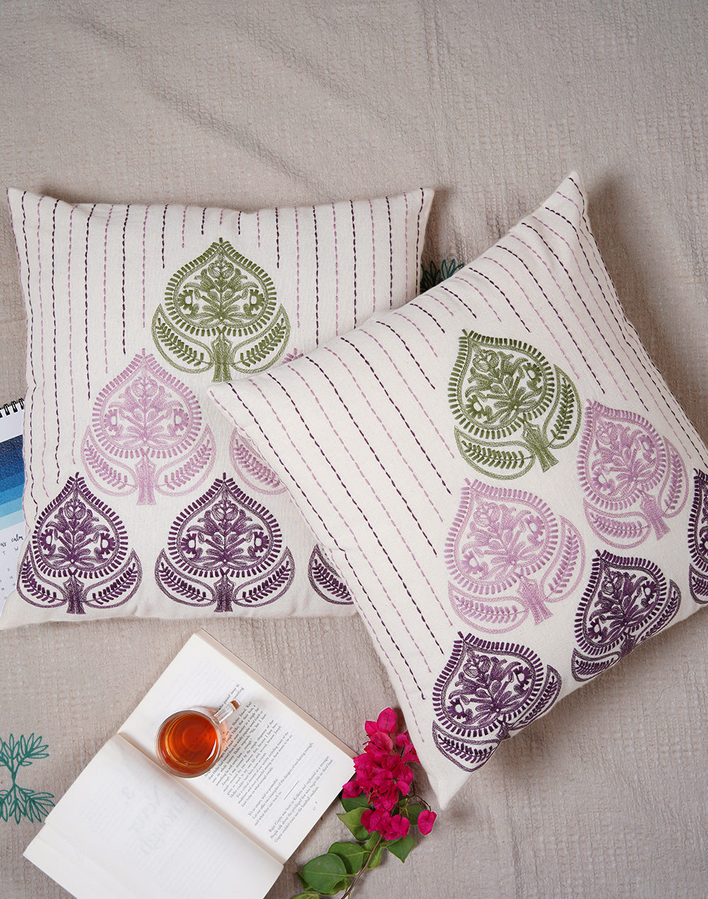 Set Of 2 - Purple Embroidered Cotton Cushion Cover - 18"X18"