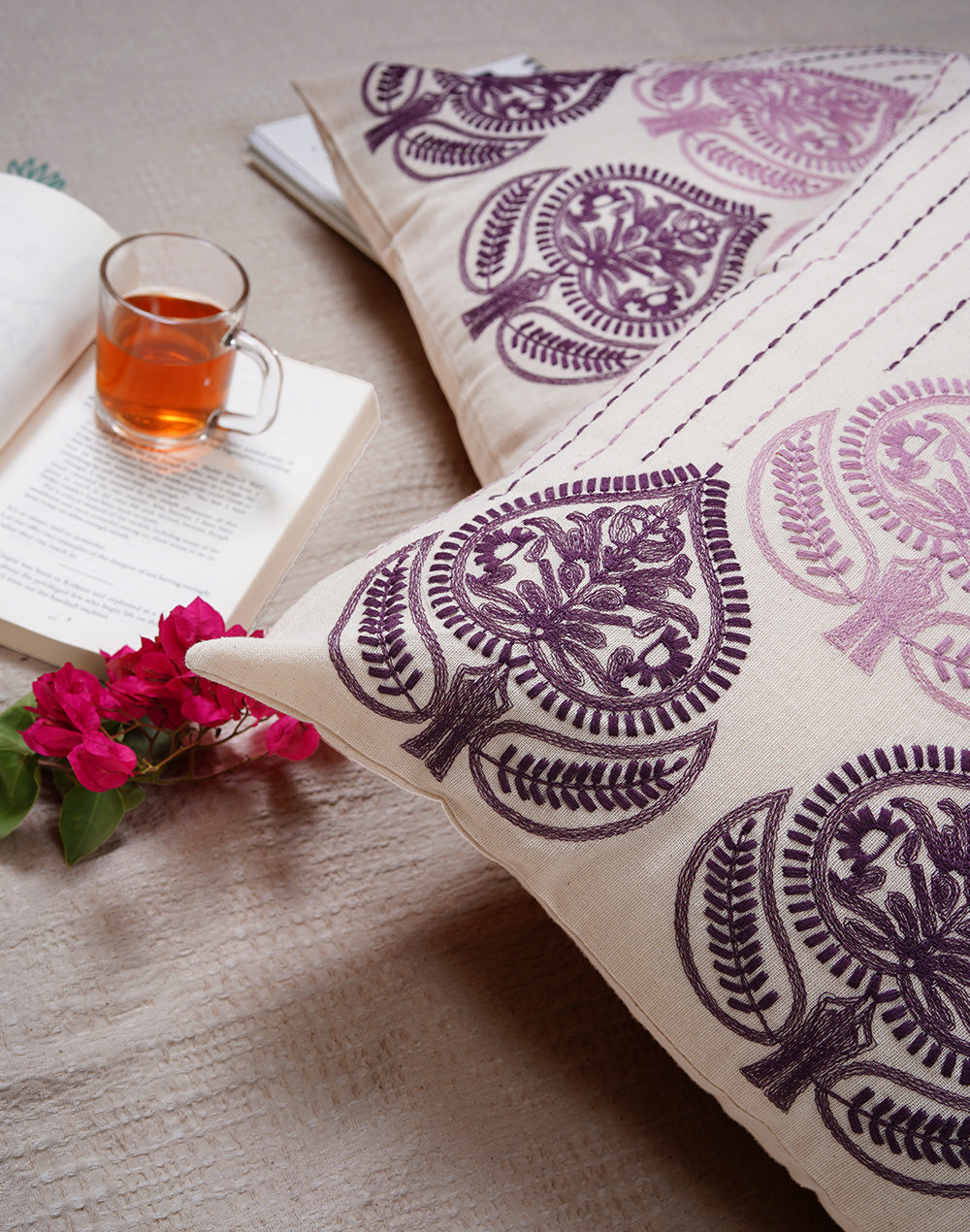Set Of 2 - Purple Embroidered Cotton Cushion Cover - 18"X18"