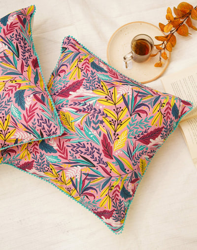 Set Of 2 - Leaf Printed Duck Cushion Cover - 16"X16"