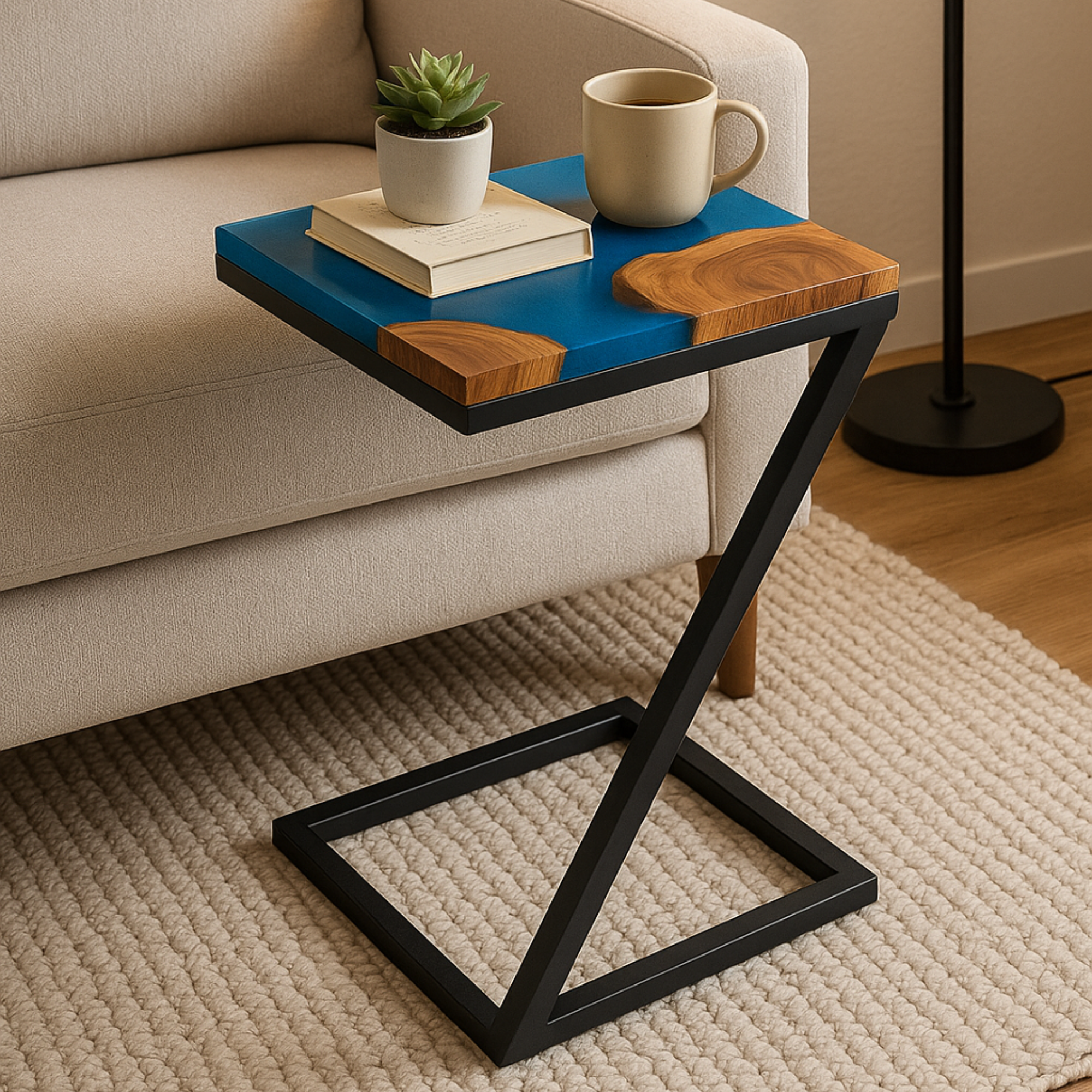 Teak Wood Epoxy End Table – Aqua Blue Resin Finish