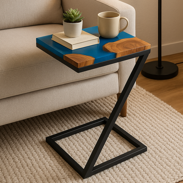 Teak Wood Epoxy End Table – Aqua Blue Resin Finish