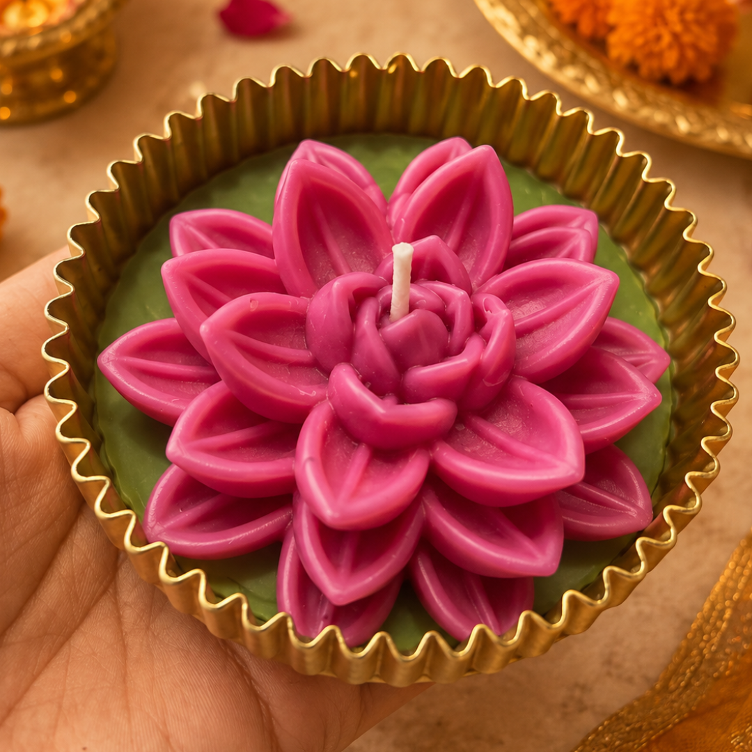 Mehfil Bloom Green & Pink Urli Flower Candle – Festive Diwali Décor - https://artecasa.in/