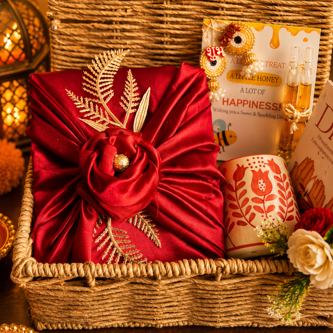 Rustic Ruby Jute Gift Basket | Red Mug & Shubh Labh Festive Hamper - https://artecasa.in/
