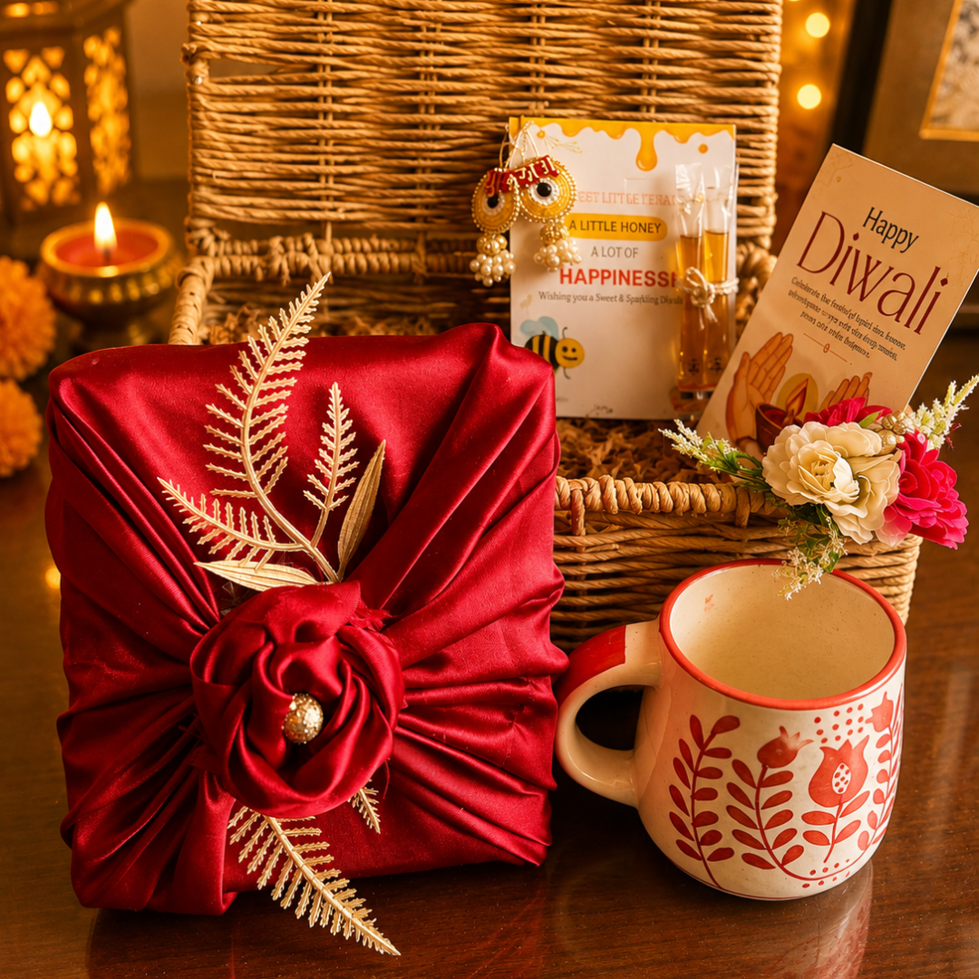 Rustic Ruby Jute Gift Basket | Red Mug & Shubh Labh Festive Hamper - https://artecasa.in/