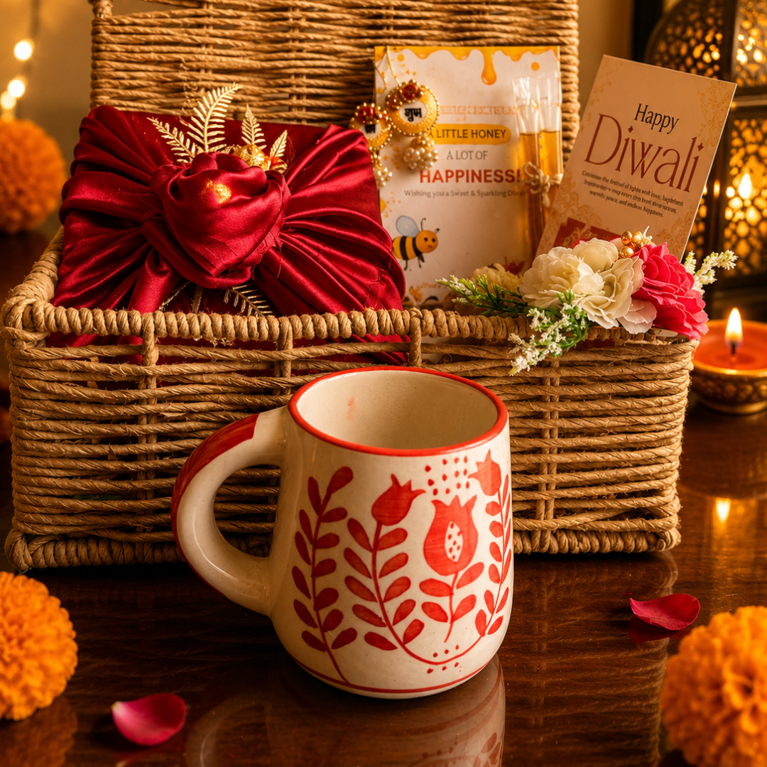 Rustic Ruby Jute Gift Basket | Red Mug & Shubh Labh Festive Hamper - https://artecasa.in/
