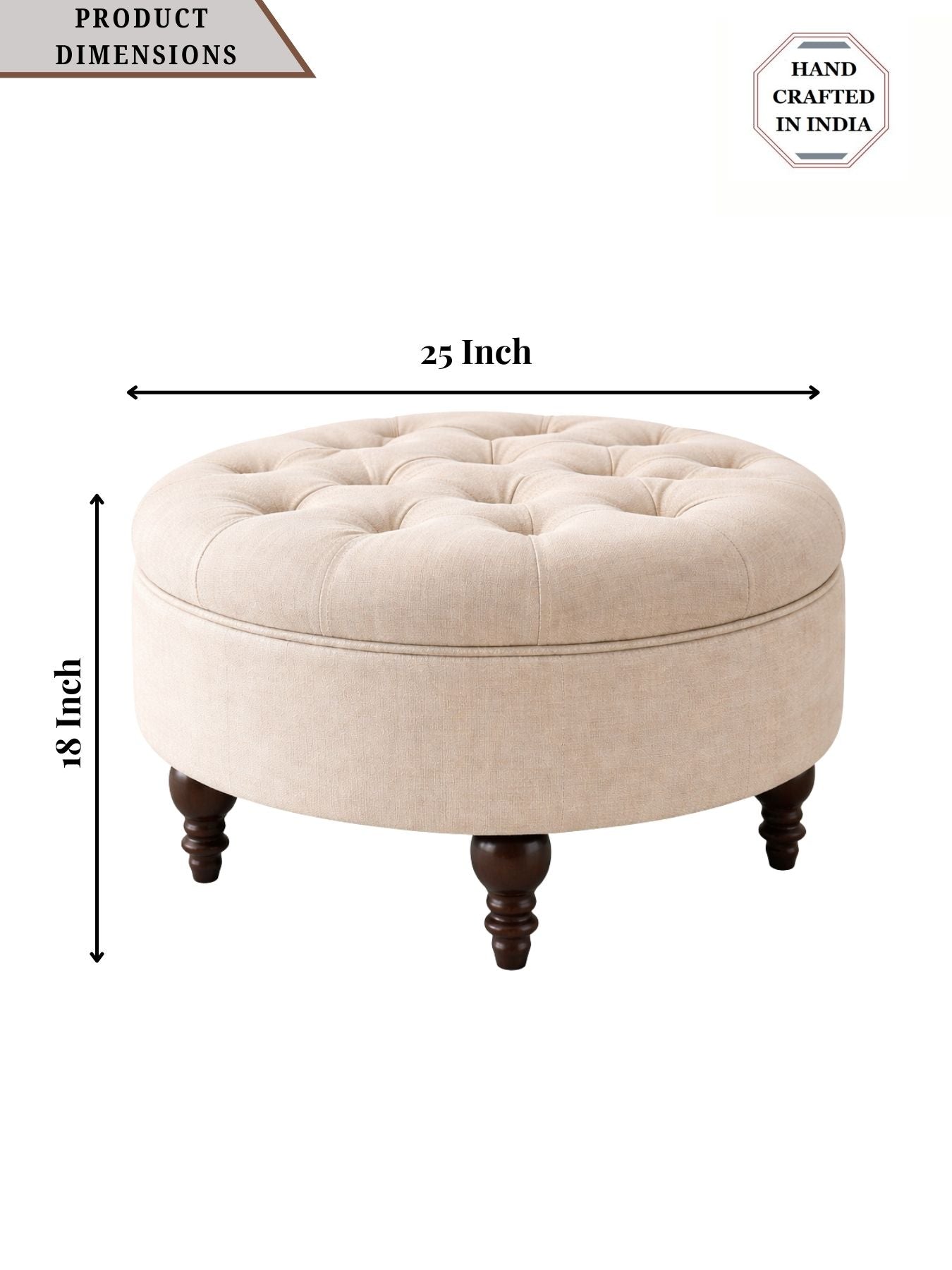 Velvet Round Ottoman Stool with Sagwan Wood Legs