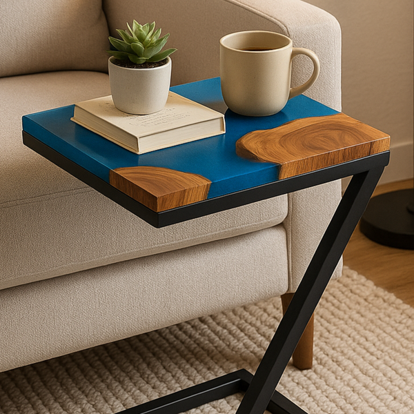 Teak Wood Epoxy End Table – Aqua Blue Resin Finish