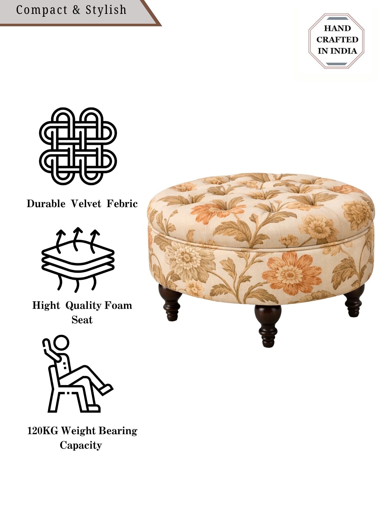 Floral Velvet Round Ottoman Stool with Sagwan Wood Legs
