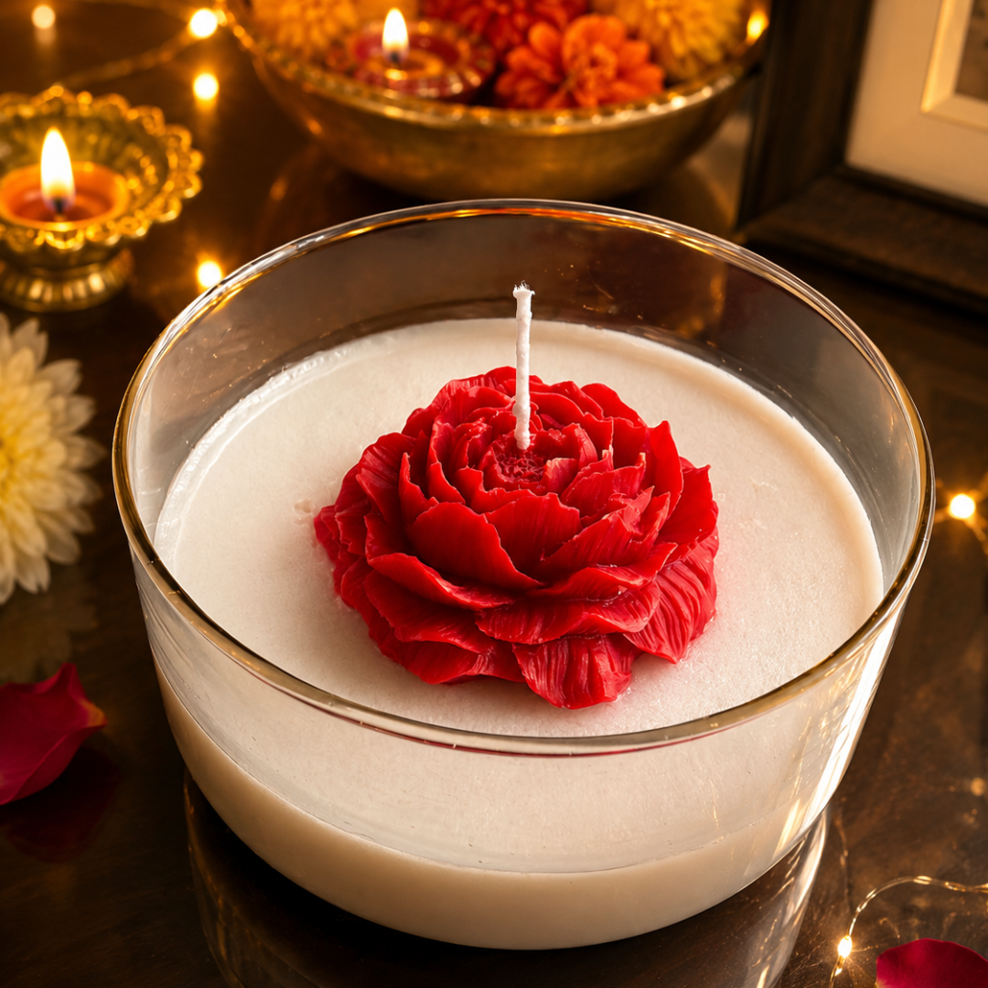 Crimson Rose Round Sculptural Candle | Red Carnation Scented Soy Wax Candle - https://artecasa.in/