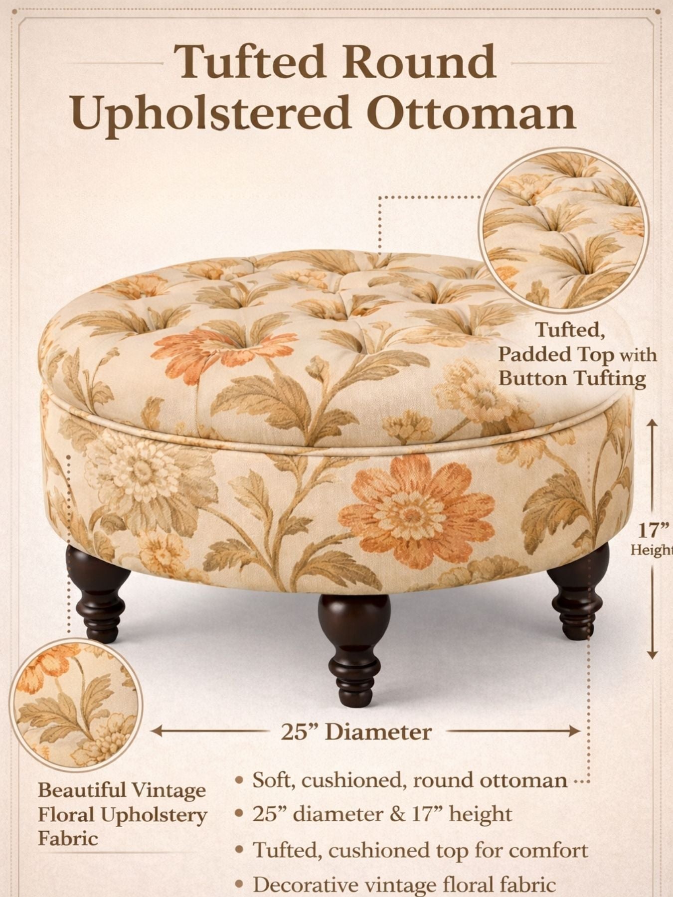Floral Velvet Round Ottoman Stool with Sagwan Wood Legs