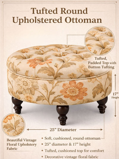 Floral Velvet Round Ottoman Stool with Sagwan Wood Legs