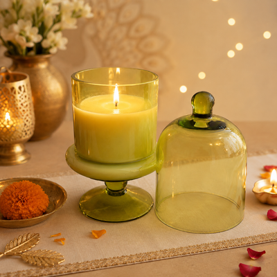 Verdant Glow Green Glass Jar Candle | Oudh Soy Wax Candle - https://artecasa.in/