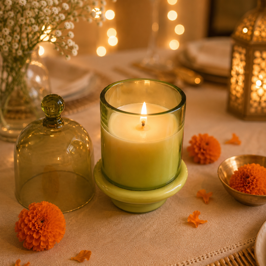 Verdant Glow Green Glass Jar Candle | Oudh Soy Wax Candle - https://artecasa.in/