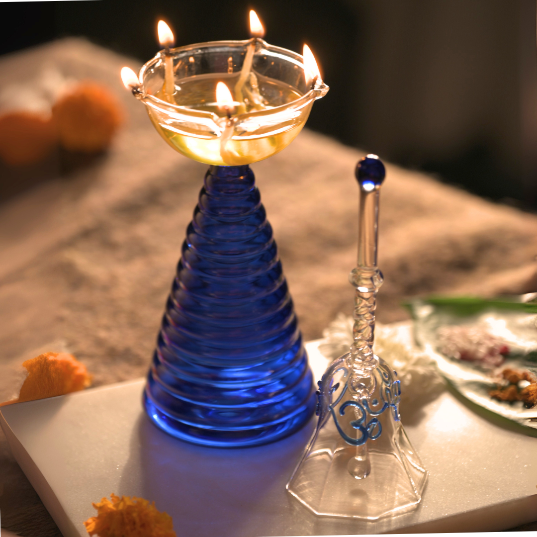 Muun Glass Puja Bundle - Tall Diya + Short Diya + Bell