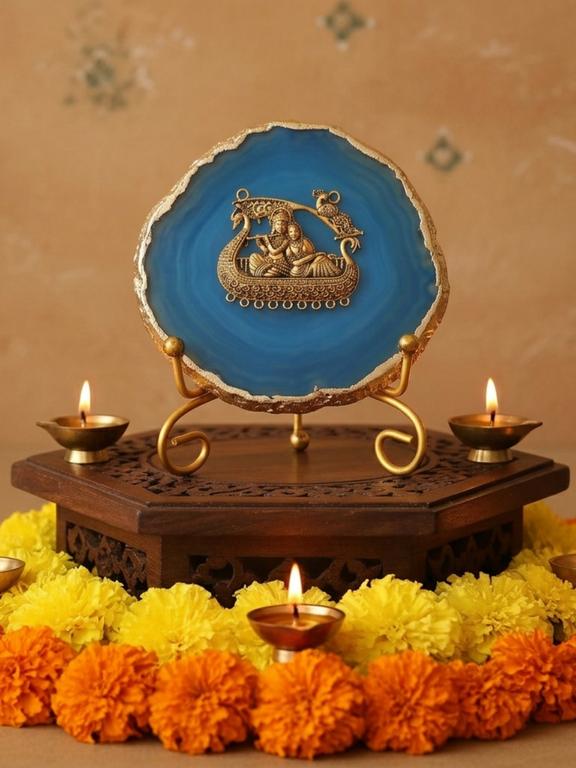 Agate Metal Radha Krishna Decorative Plate with Stand