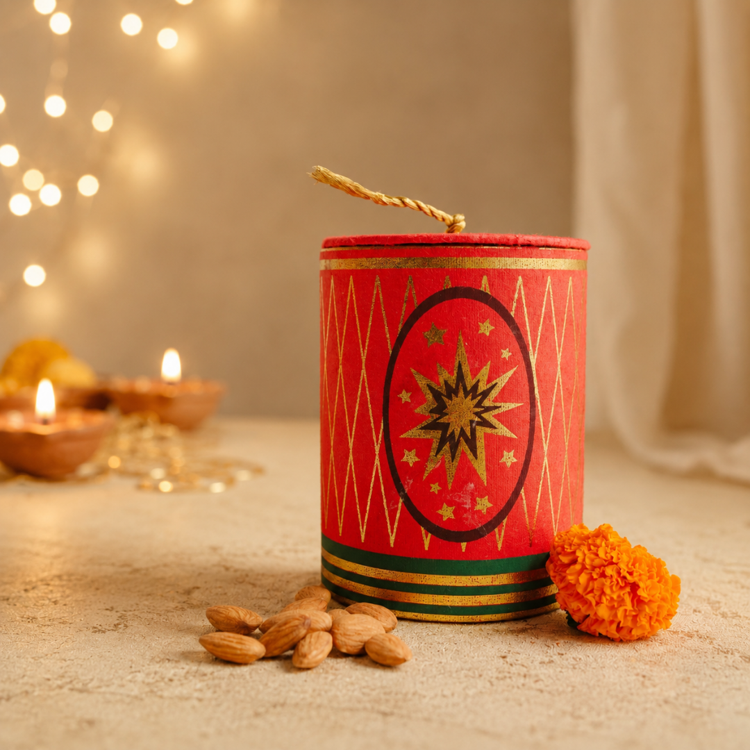Ruby Glow Golden & White Festive Gift Basket | Diwali Hamper with Dry Fruits & Candle - https://artecasa.in/