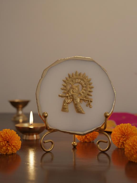 Agate Metal Krishna Decorative Plate with Stand