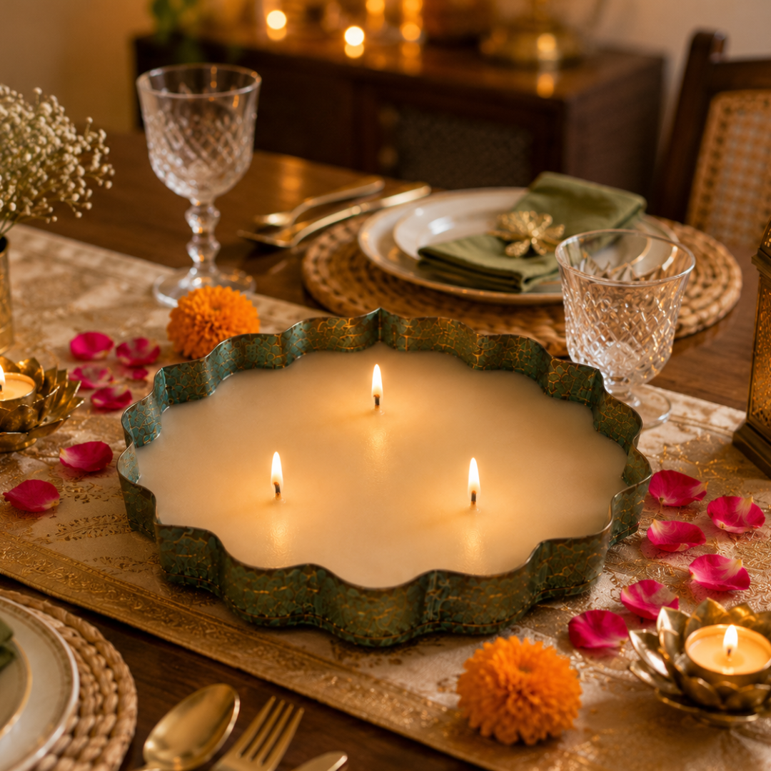 Emerald Heritage Large Metal Urli Candle | Rustic Soy Wax Candle - https://artecasa.in/