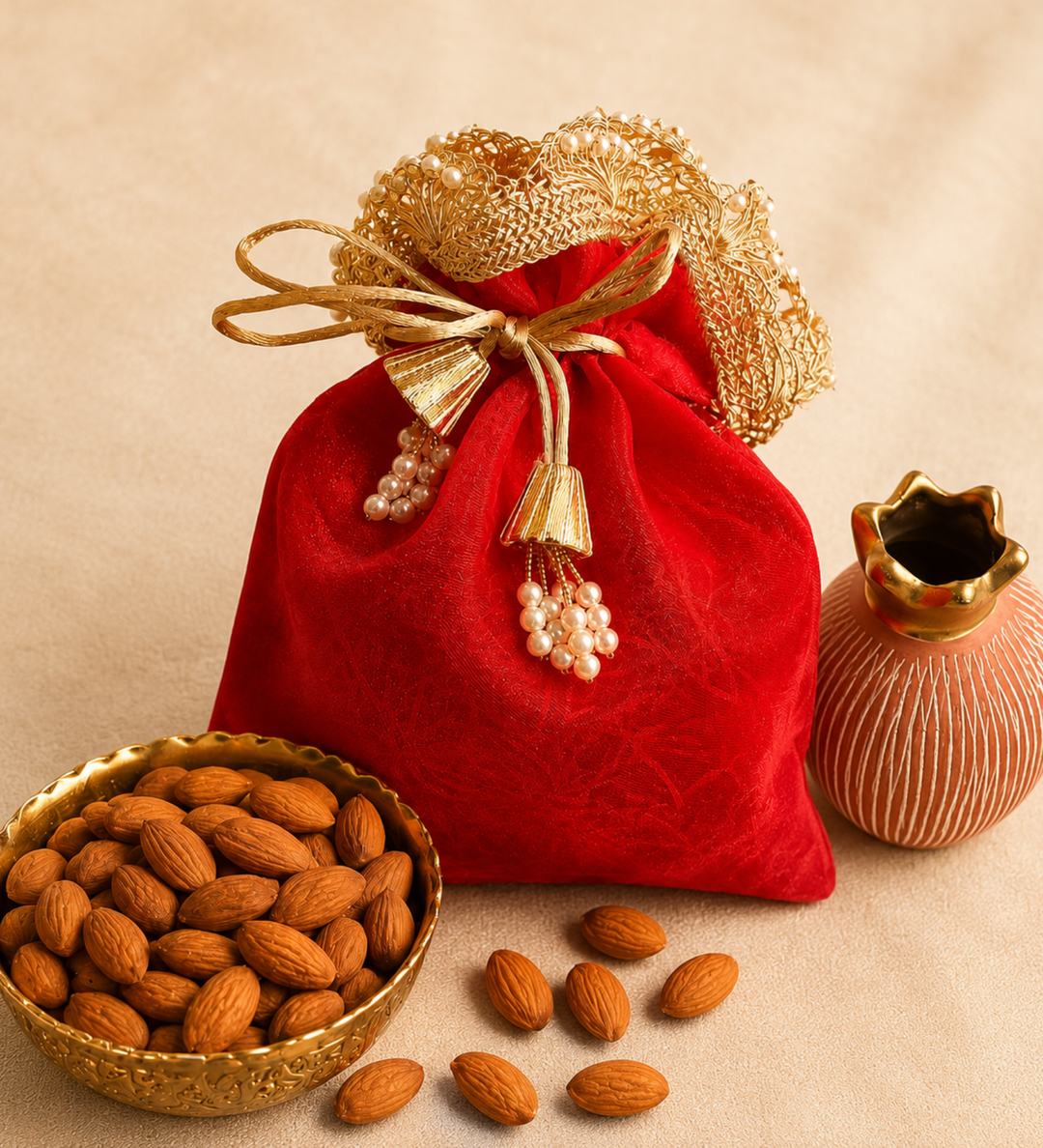 Rangoli Pink & Festive Potli Gift Basket | Shubh Labh & Almonds Diwali Hamper - https://artecasa.in/