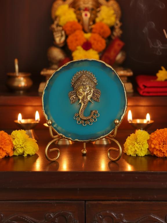 Agate Metal Ganesha Decorative Plate with Stand