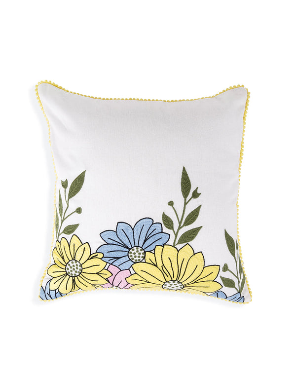 Set Of 2 - Off White Floral Embroidery Cotton Cushion Cover  - 16"X16"