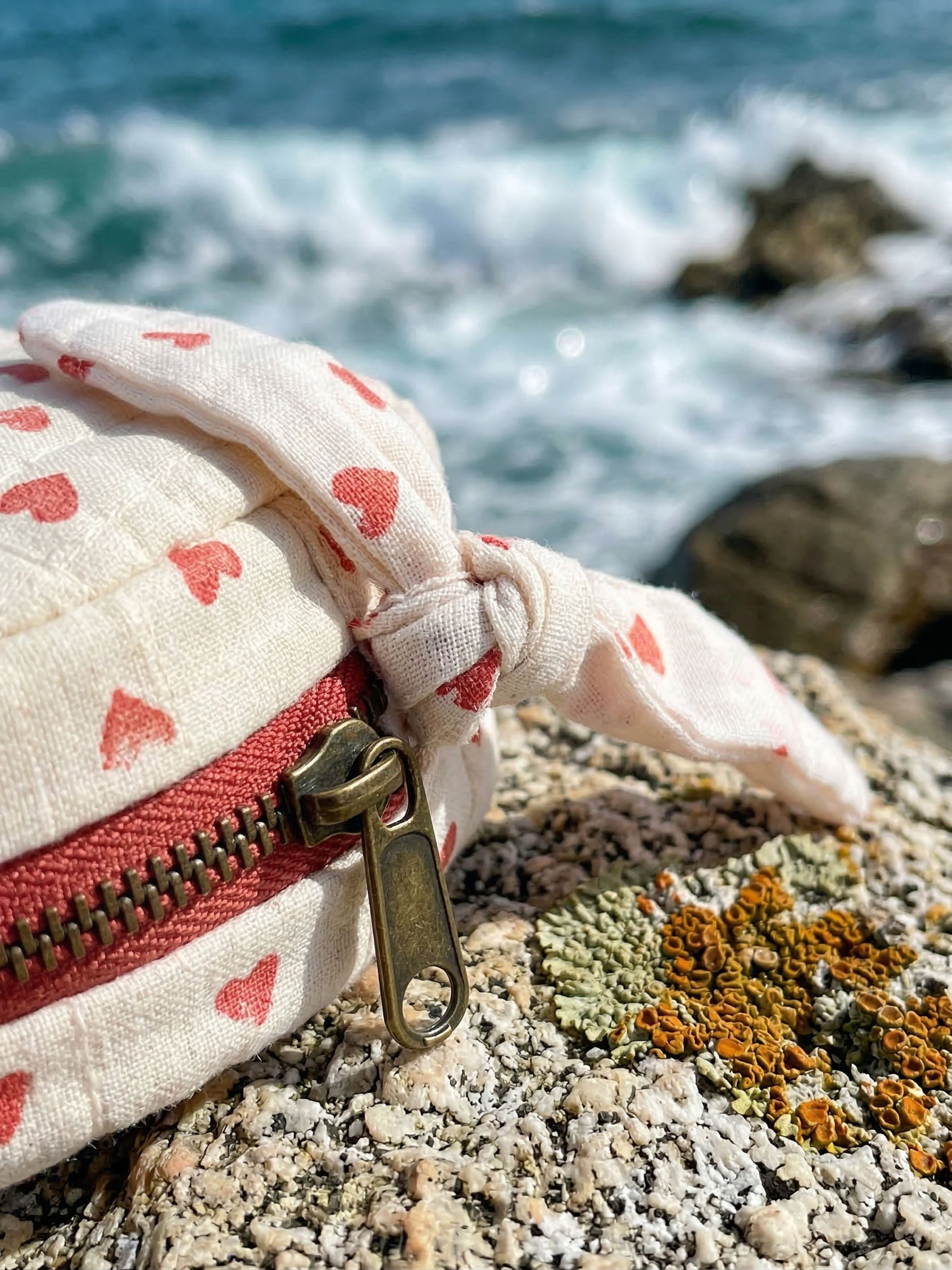 Red Hearts on White Quilted Cotton Travel Pouch