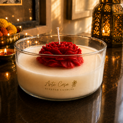 Crimson Rose Round Sculptural Candle | Red Carnation Scented Soy Wax Candle - https://artecasa.in/