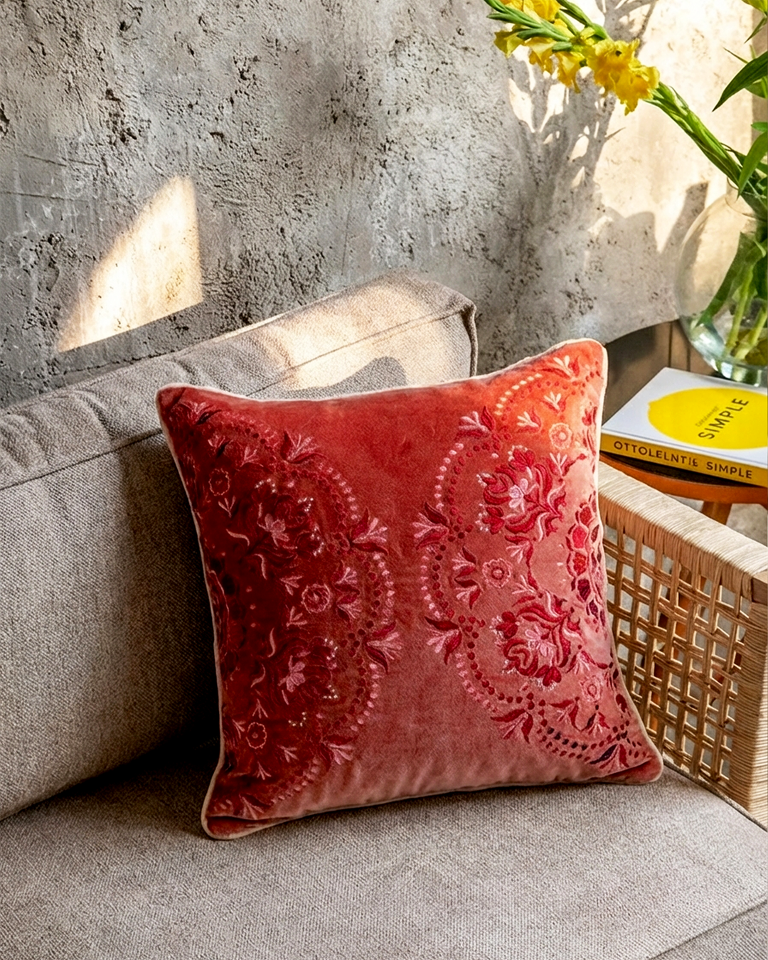 Rahat Red Velvet Embroidered Cushion Cover-16"x16"