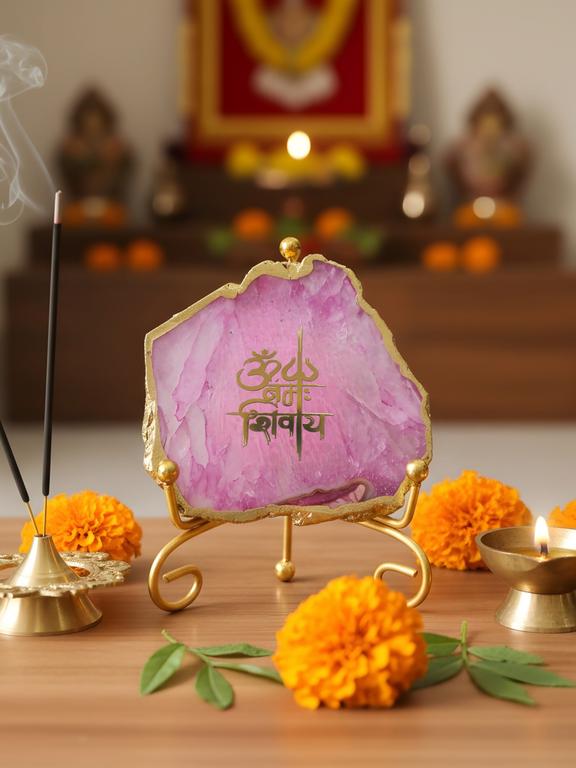 Agate Decorative Plate with Metal Stand | Om Namah Shivaya