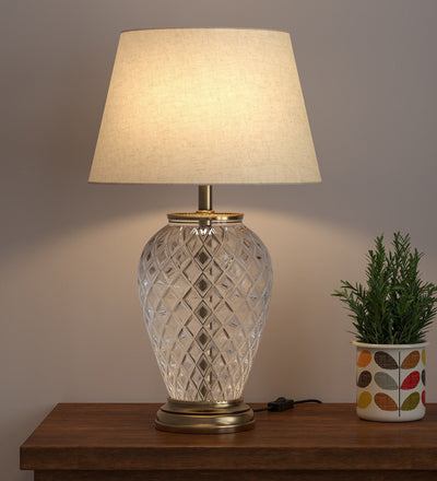 Diamond-Cut Glass Table Lamp, Antique Brass (23") – Off-White 14" Shade