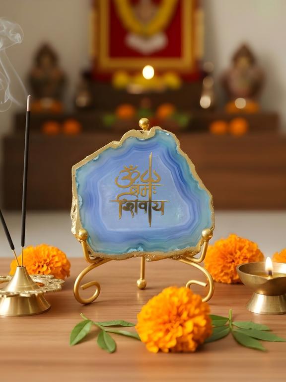 Agate Decorative Plate with Metal Stand | Om Namah Shivaya