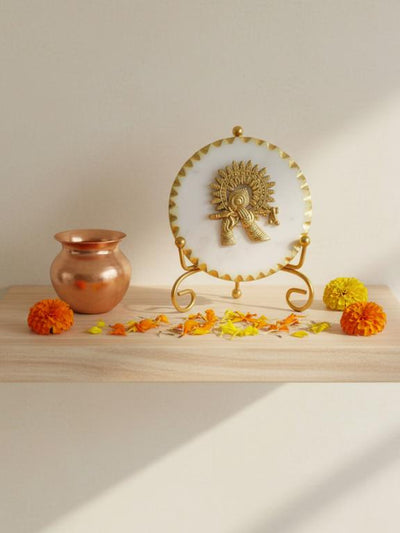 Premium Marble Metal Krishna Decorative Plate with Stand