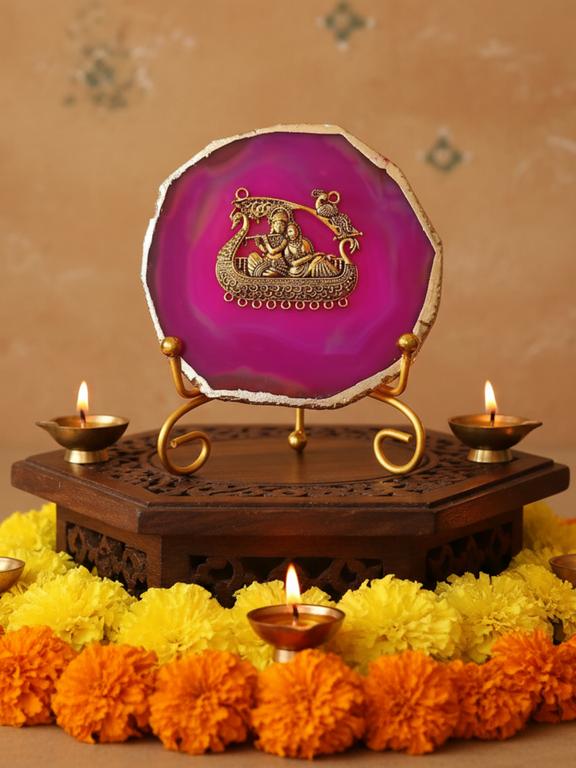 Agate Metal Radha Krishna Decorative Plate with Stand