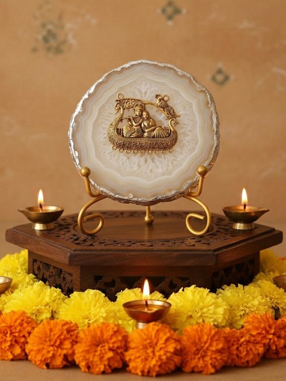 Agate Metal Radha Krishna Decorative Plate with Stand