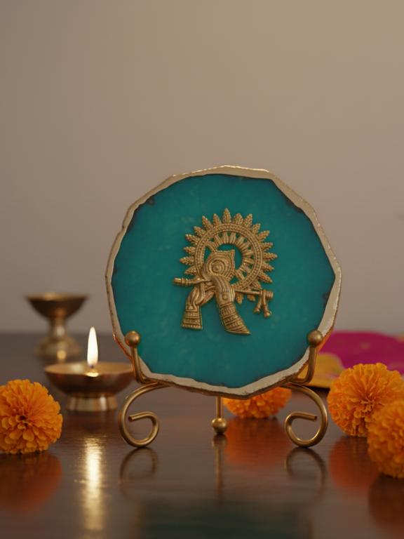 Agate Metal Krishna Decorative Plate with Stand