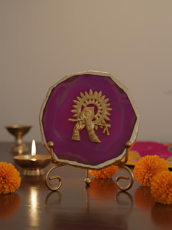 Agate Metal Krishna Decorative Plate with Stand