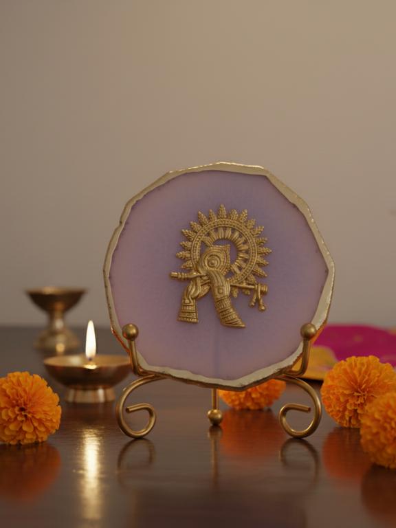 Agate Metal Krishna Decorative Plate with Stand
