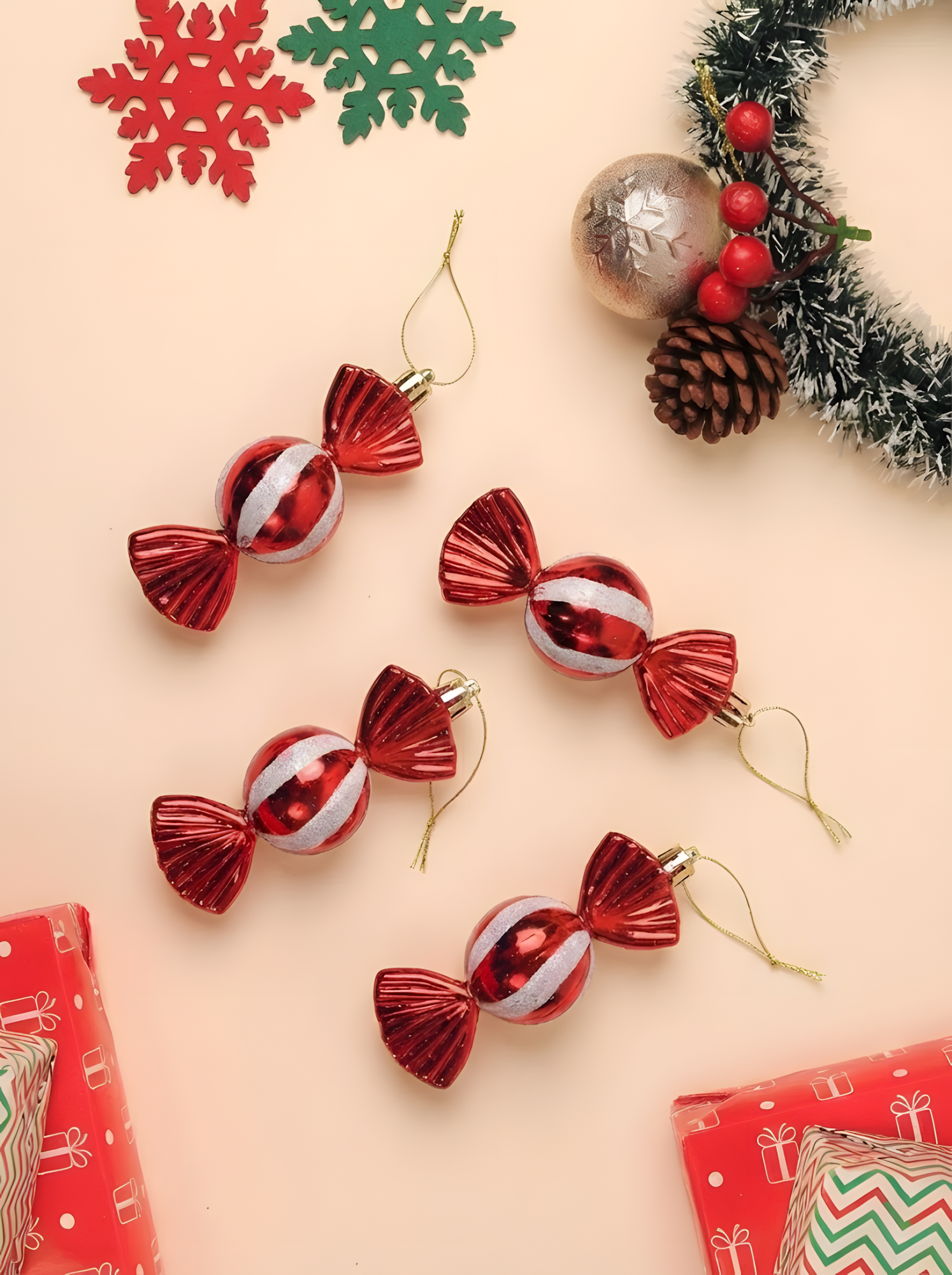 Red & White Toffee Christmas Ornaments (Pack of 4)