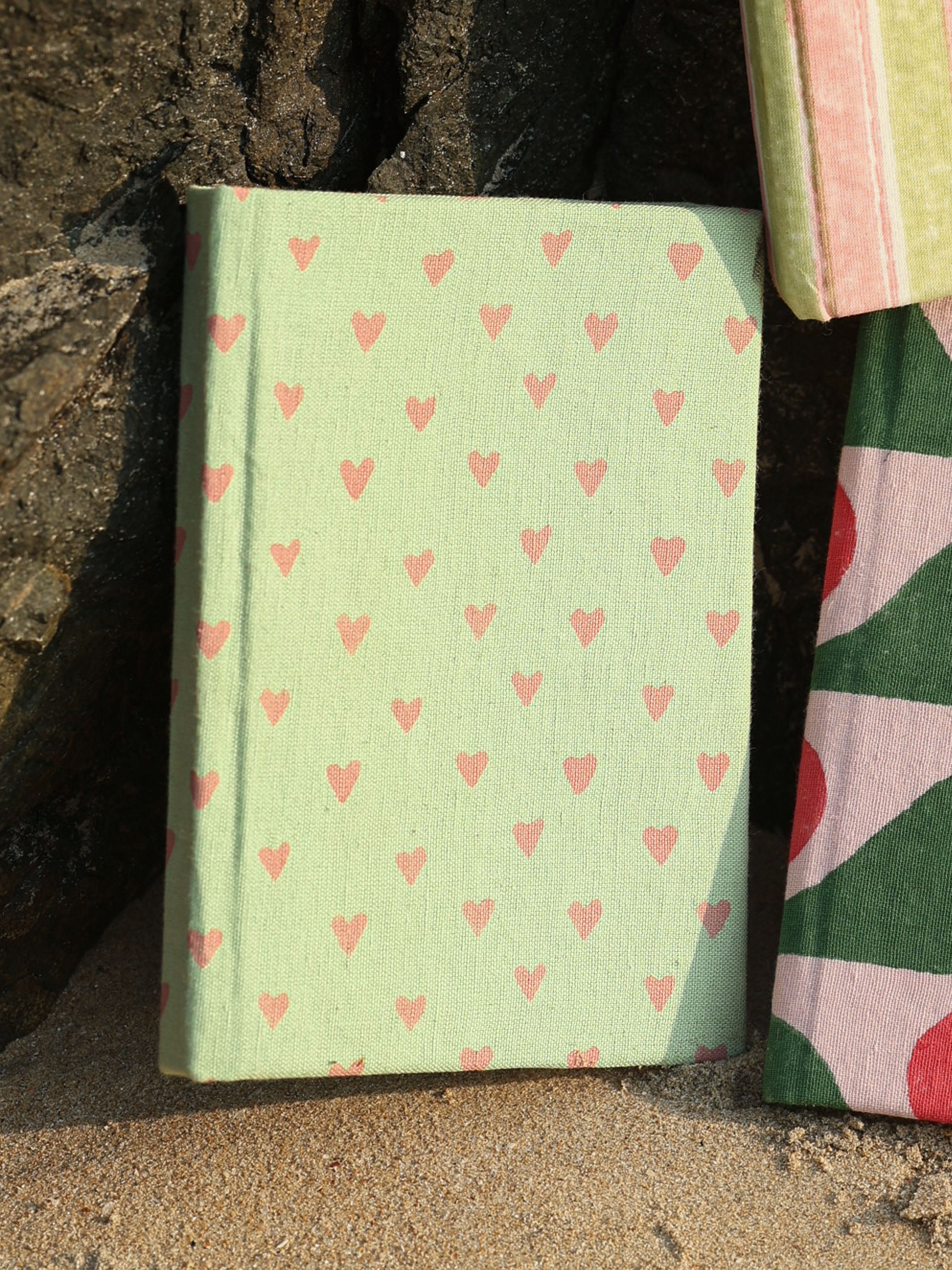 Handcrafted Sustainable A5 Diary Journal Notebook l Handmade Paper l Pink Hearts on Green