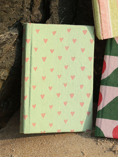 Handcrafted Sustainable A5 Diary Journal Notebook l Handmade Paper l Pink Hearts on Green