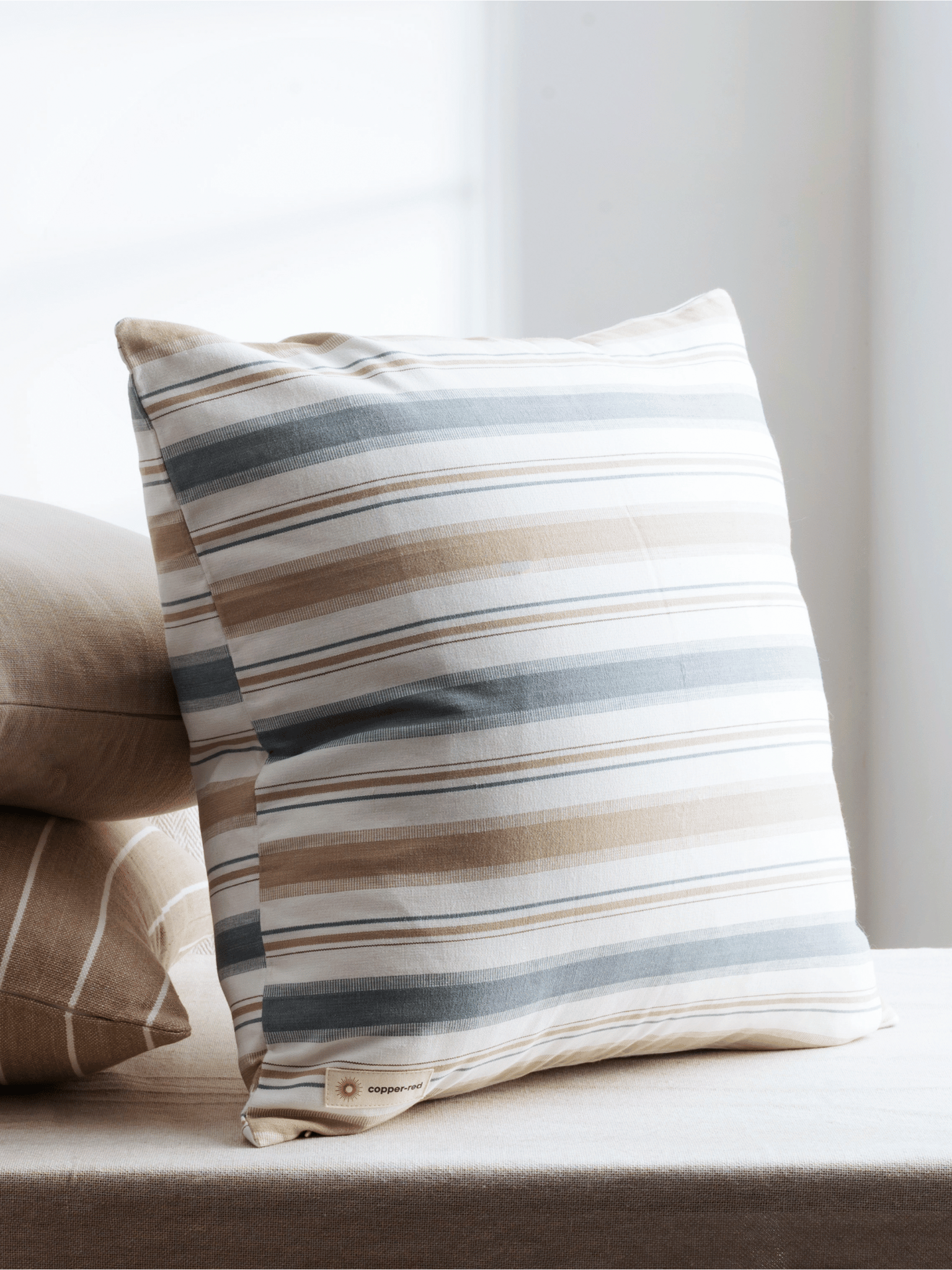 Montauk Blue and Brown Striped Cotton Cushion Cover